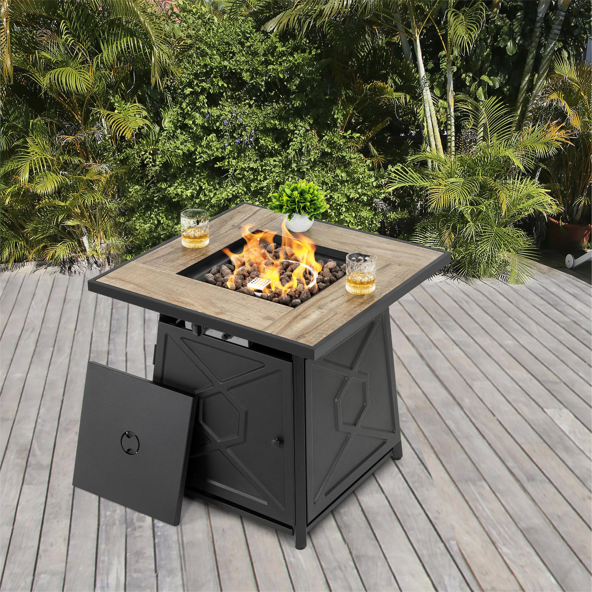 Nuu Garden Square 30" Outdoor Propane Fire Pit Table, 50,000 BTU Gas Fire Pit with Lid, Hand-Woven Wicker, with Glass Beads and CSA Certification