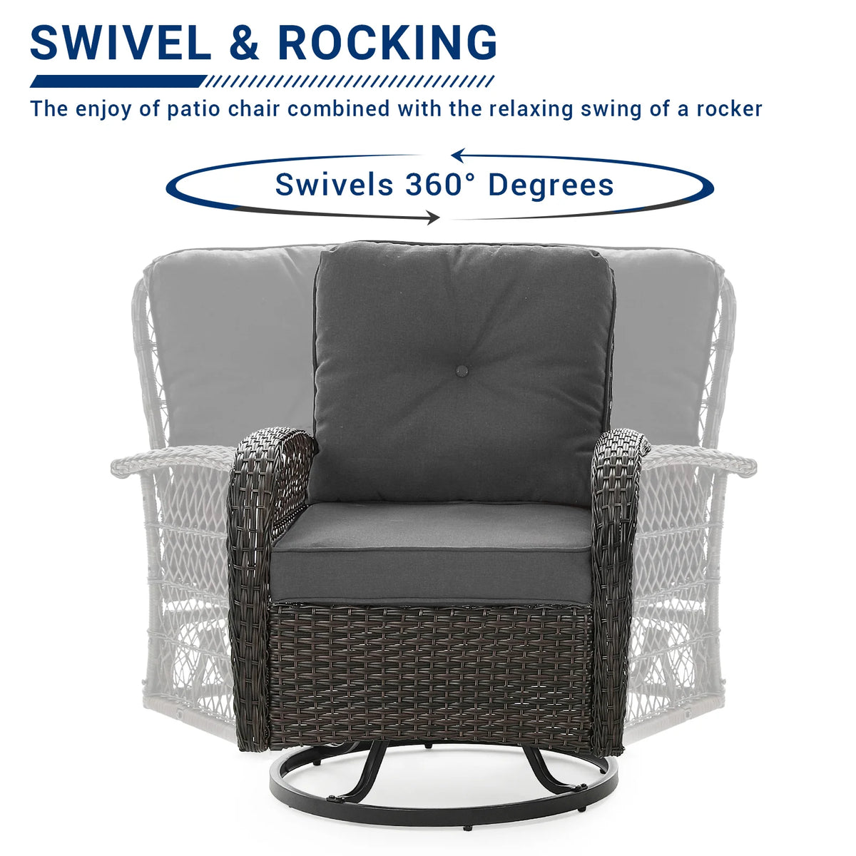 MRUAKA 3 Pieces Patio Furniture Set, Outdoor Swivel Gliders Rocker, Wicker Patio Bistro Set with Rattan Rocking Chair, Glass Top Side Table and Thickened Cushions (Khaki)