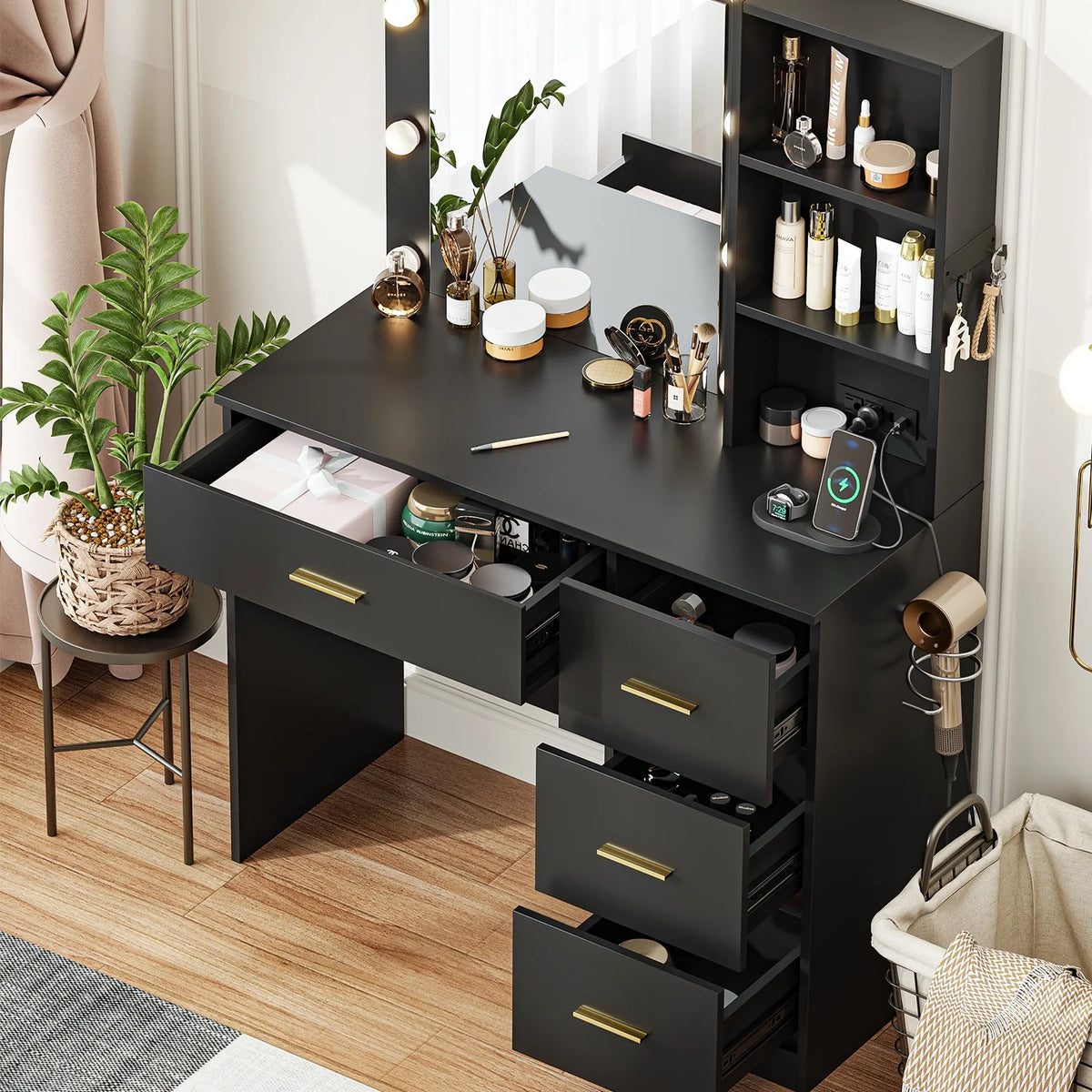 Makeup Vanity with Mirror and 3 Color Lights,Vanity Dressing Table with USB Charging Station,4 Drawers,Open Storage Shelves,White