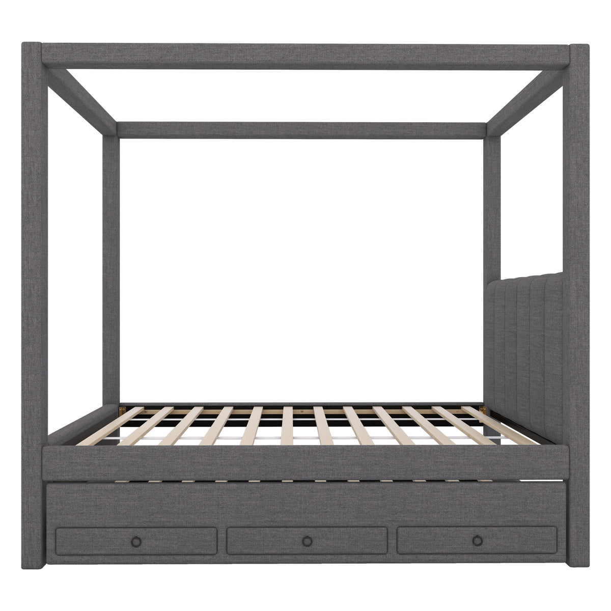 Harper & Bright Designs Twin Size Upholstery Canopy Platform Bed with Trundle and 3 Storage Drawers, Captain Platform Bed Frame with 4-Poster Canopy Roof, Beige