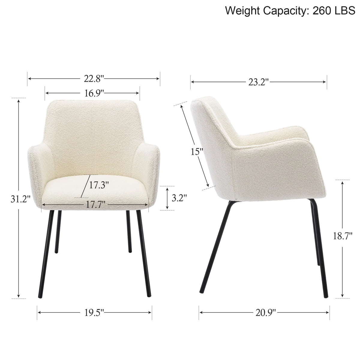 Zesthouse Teddy Sherpa Dining Chairs Set of 2, Modern Boucle Fabric Small Accent Armchairs, Leisure Chairs for Living Dining Room, Cream