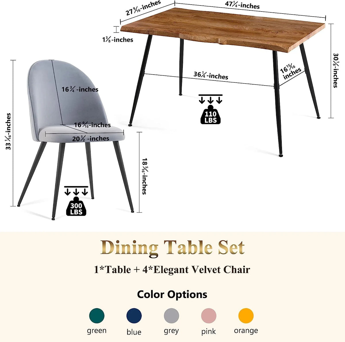 NORDICANA Dining Table Set for 4,Stylish Table with Strong Metal Legs & Modern Dining Chair Armlss Beautiful Home Chair Indoor Velvet Accent Chair with High Back Design,Perfect for Dining Room