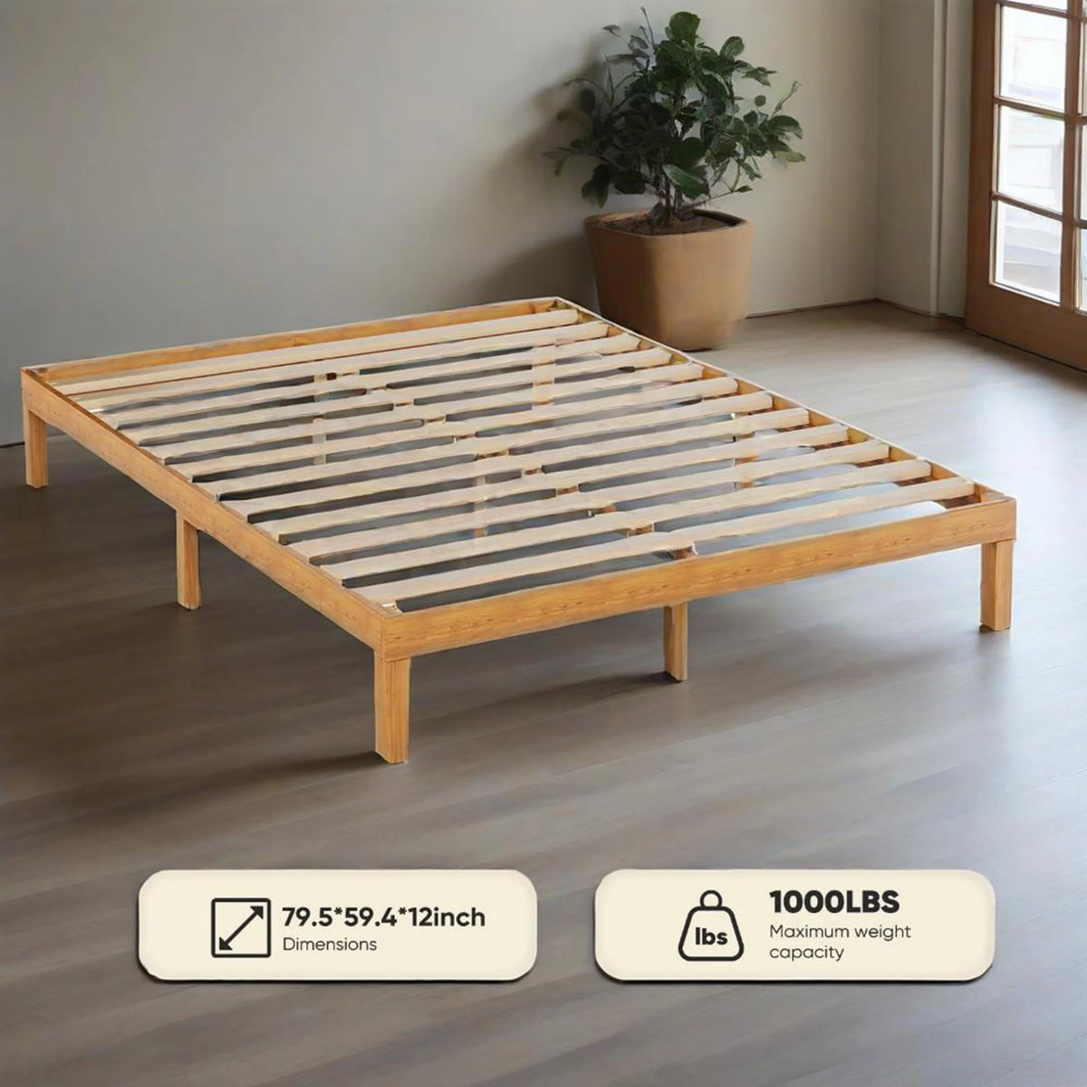 MCQ Full Size Wood Bed Frame, 12in Wooden Platform Bed Frame with Support Slats, No Spring Needed, Storage Space Under Base, Natural Pine