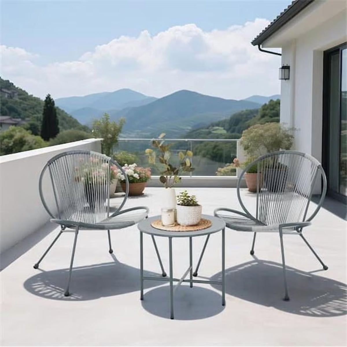 Upland BK-GY Patio Furniture Shell Shape Garden Bistro Set, Grey - 3 Piece