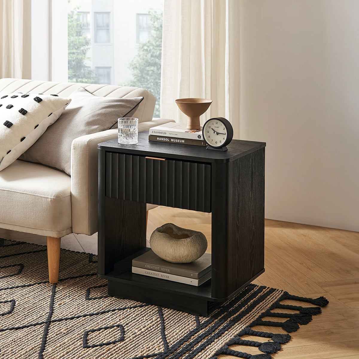 Mopio Brooklyn Oak Nightstand, Modern Farmhouse Side Table with Drawer and Storage, Fluted Panel, Curved Profile, Rose Gold Handle