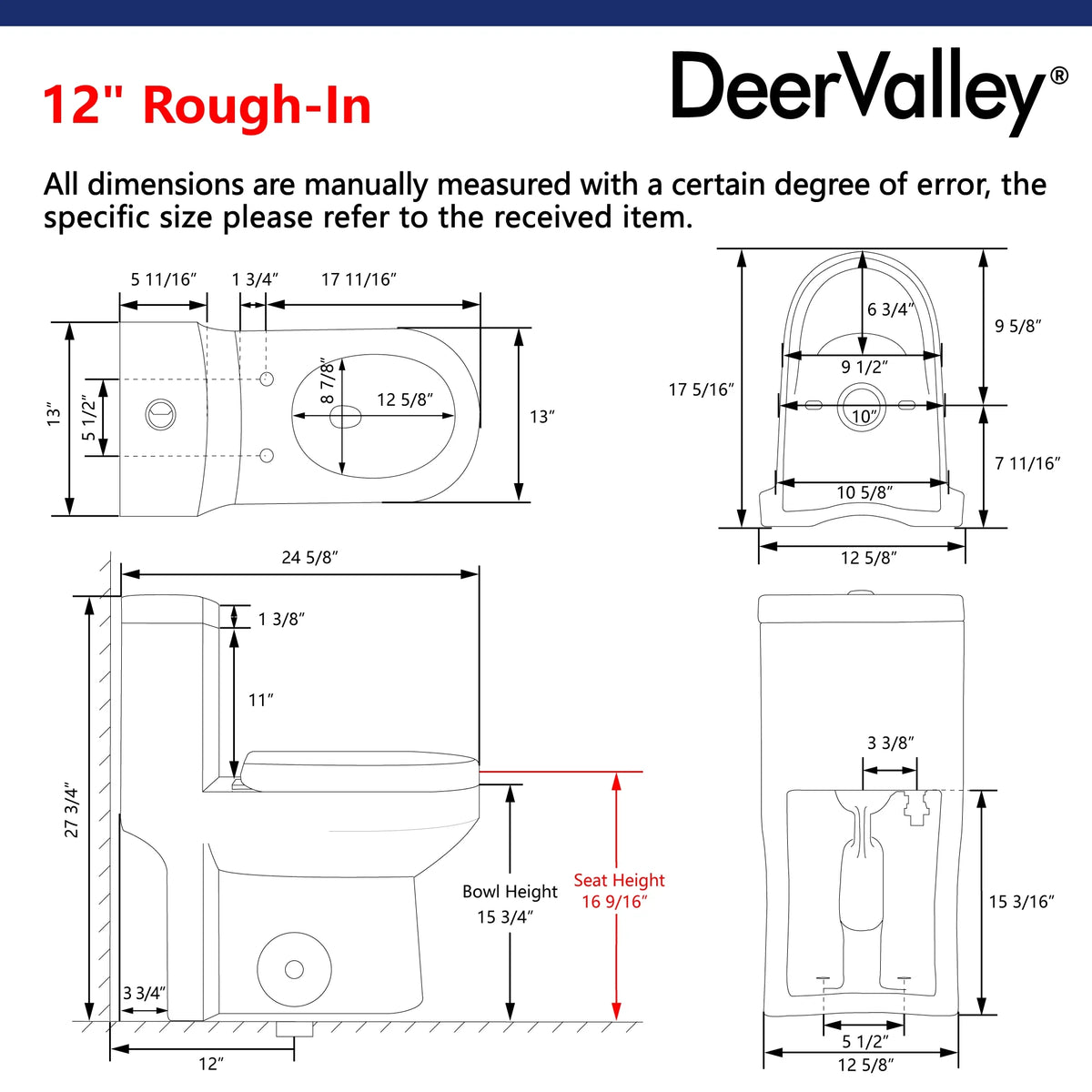 DeerValley Liberty Compact Toilets One-Piece Toilet With High-Efficiency Flush Round Toilet for Space-Saving Floor Mounted 12 in. Rough In 1-Piece 1.1/1.6 GPF Dual Flush (Seat Included)