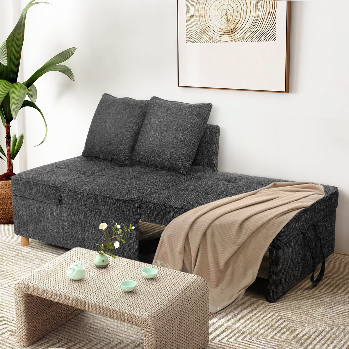 SEJOV 4-in-1 Convertible Sleeper Chair Bed, Linen Sofa Bed for Small Space, Futon Sofa with 2 Throw Pillows for Living Room, Single Recliner with 5 Adjustable Backrest for Bedroom Apartment, Brown