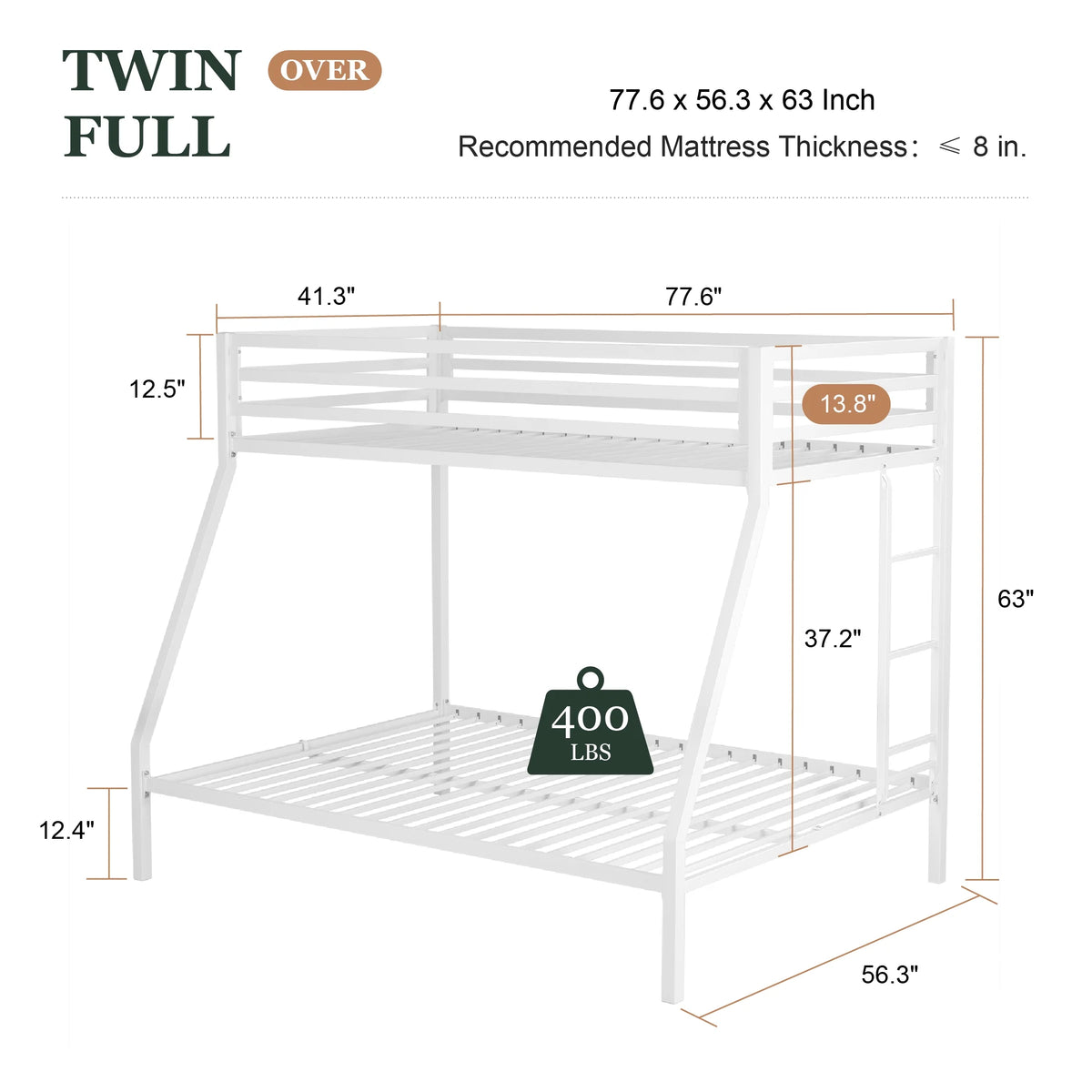 Amolife Twin over Full Size Metal Bunk Bed with Removable Ladder, Full-Length Guardrail, Black