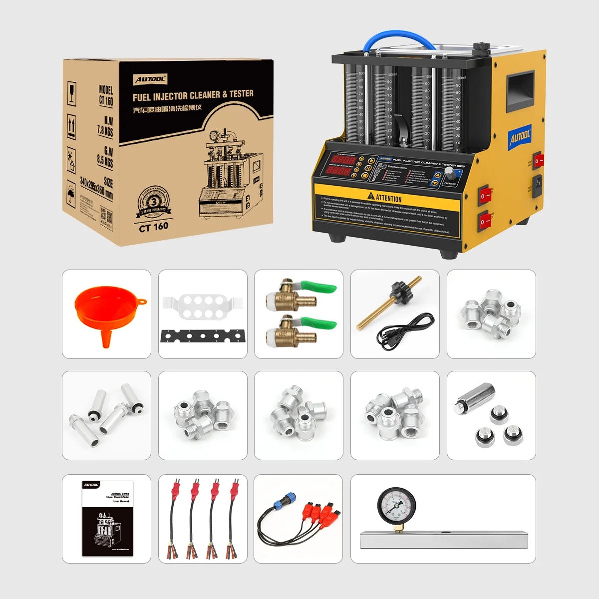 AUTOOL CT160 Fuel Injector Tester Cleaning Machine, 2000ml 4 Cylinder Injector Ultrasonic Heating Cleaner, 110V Petrol Injection Tester for Cars Motorcycles