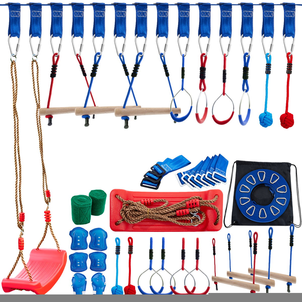VEVOR Ninja Hanging Obstacle Course Portable 40ft. Slackline Monkey Bar Kit with 11 Swinging Obstacles.1 Climbing Rope. 4 Rings. 3 Monkey Bars - 250lb Capacity Backyard Playground Equipment Swing Set