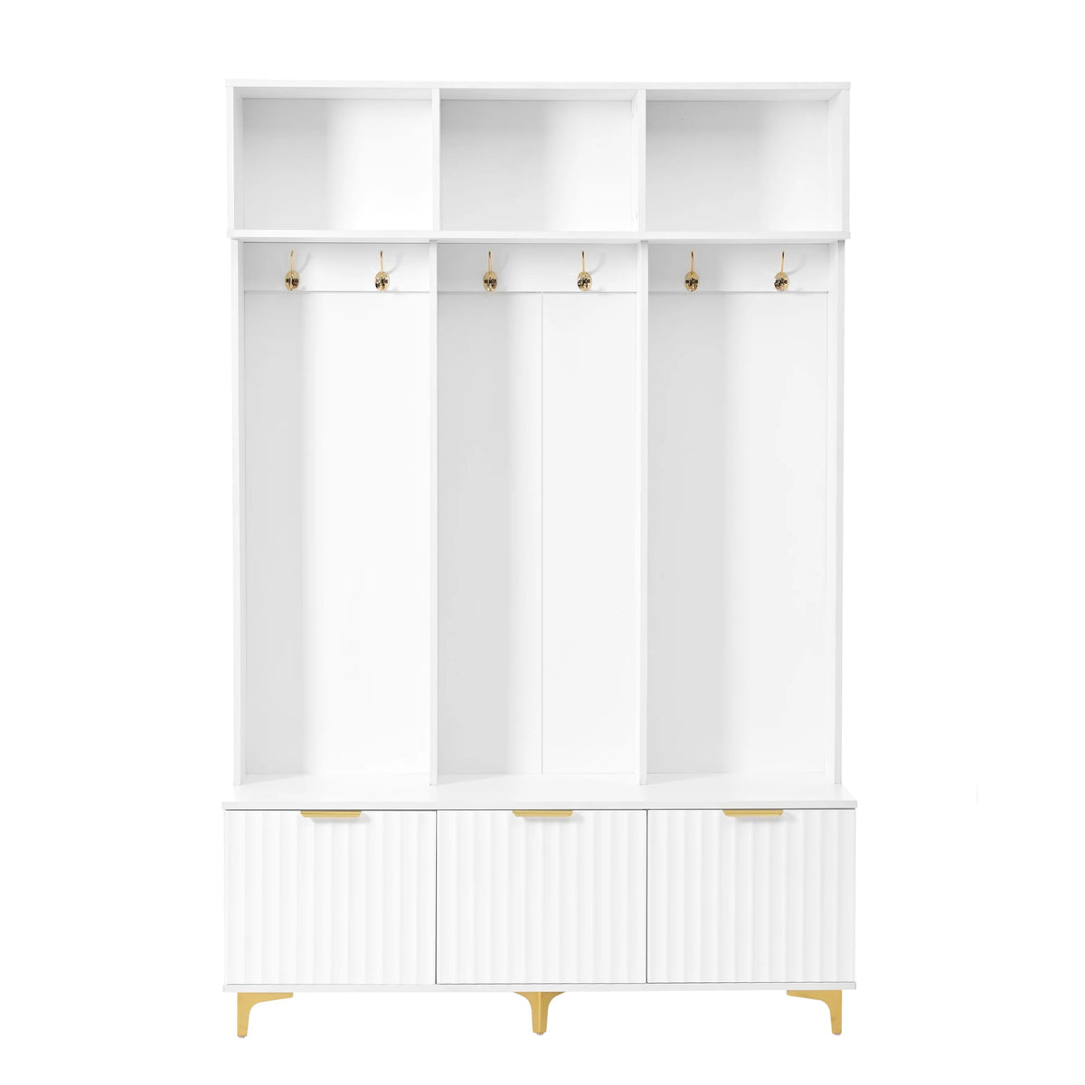 Euroco Modern Hall Tree with High Gloss Fluted Doors, Gold Accents, Shoe Storage & Bench a?? Entryway Organizer with Cubbies and Coat Hooks