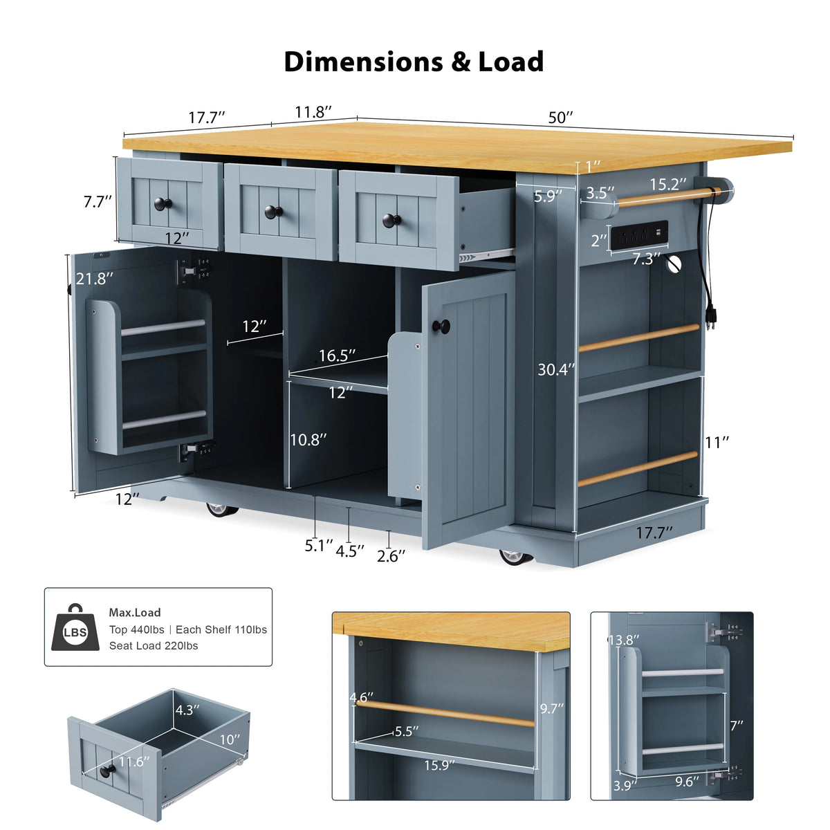 EUROCO 53" Large Kitchen Island with Drop Leaf,Kitchen Island Cart on 5 Wheels with Power Outlet,Door Internal Storage Rack and 5 Open Side Racks,Rolling Kitchen Table for Dining Room,Grey Blue
