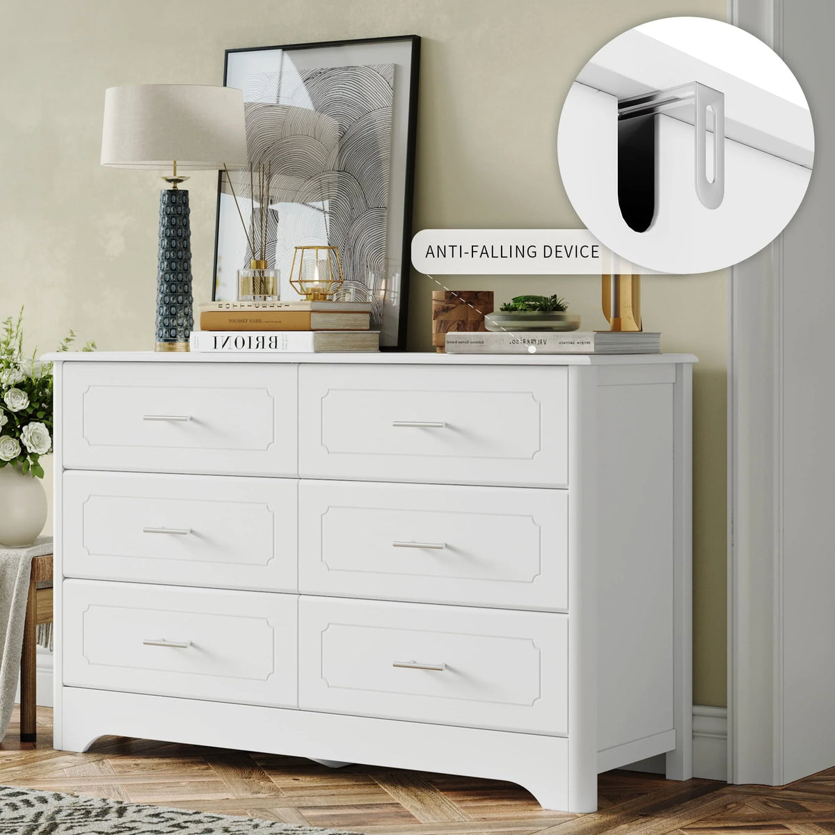 Homfa Double Dresser with 6 Drawer, White Horizontal Dresser Chest for Bedroom