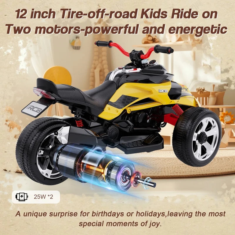 RCB 12V Electric Ride-On,Dual Motors,Music,Up to 5 mph,3 Wheel ATV Style for Kids Ages 3+,Black