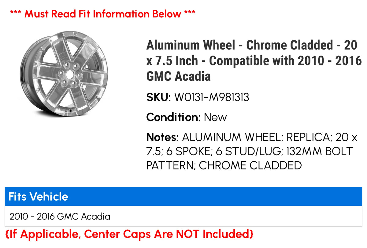 Aluminum Wheel - Chrome Cladded - 20 x 7.5 Inch - Compatible with 2010 - 2016 GMC Acadia 2011 2012 2013 2014 2015