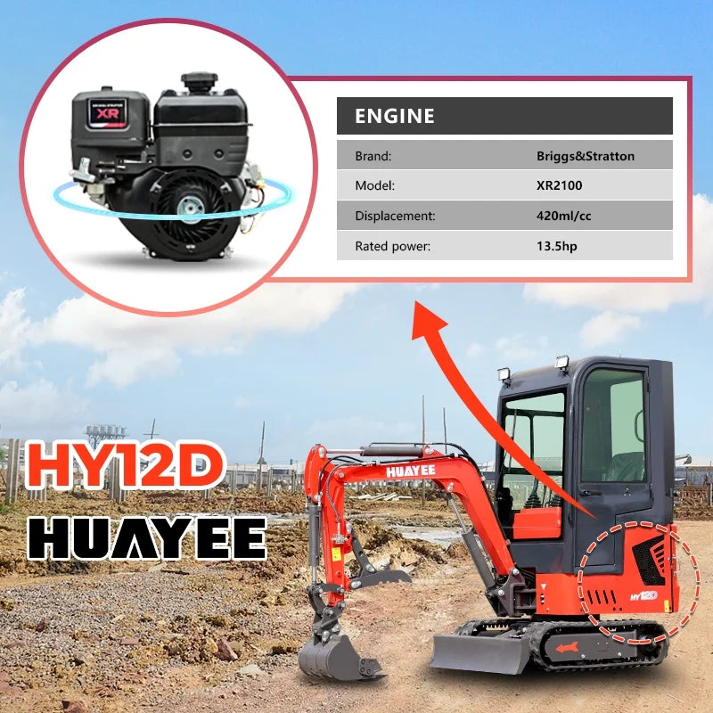 HUAYEE 1.4 Ton Cab Version Mini Excavator - HY12D, with 13.5 HP B&S Gasoline Engine, Swing Function, Mechanical Thumb Clamp, Mechanical Quick - Change, Hydraulic cooler, Electric Fan, In-stock in US
