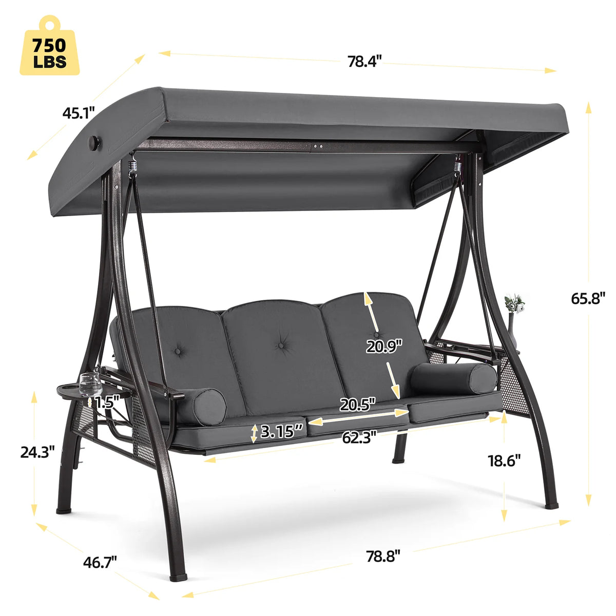 Homrest 3 Person Patio Outdoor Porch Swing with Adjustable Canopy, Backrest, Swing Bed with Stand for Garden,Deck