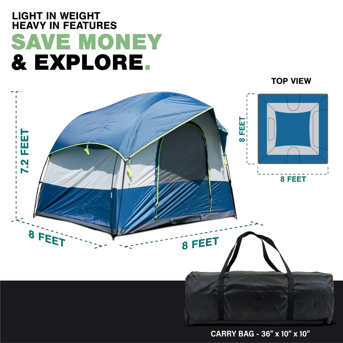 NEH Universal SUV Camping Tent - Up to 8-Person Sleeping Capacity, Includes Rainfly and Storage Bag - Car Tent, Tailgate Tent, Glamping Tent - 8'W x 8'L x 7.2'H Gray and Blue