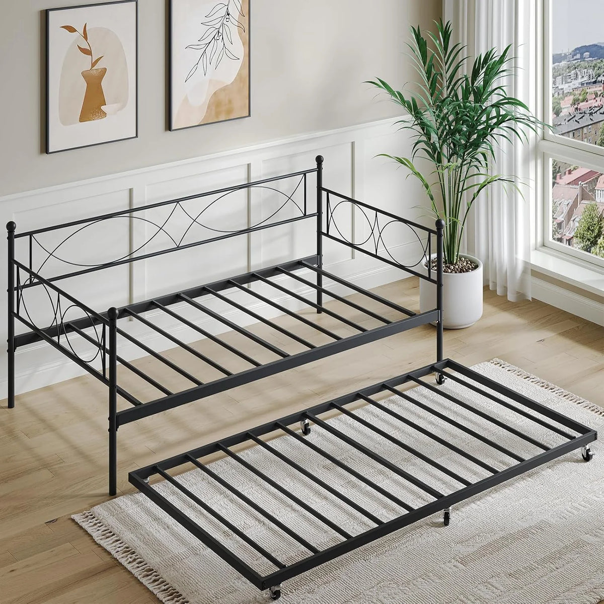 Senfot Twin Daybed with Trundle, Pull Out Trundle Day Bed, Twin Mattress Foundation with Metal Slats, Modern Sofa Bed for Living Room, Bedroom, and Guest Room, Black