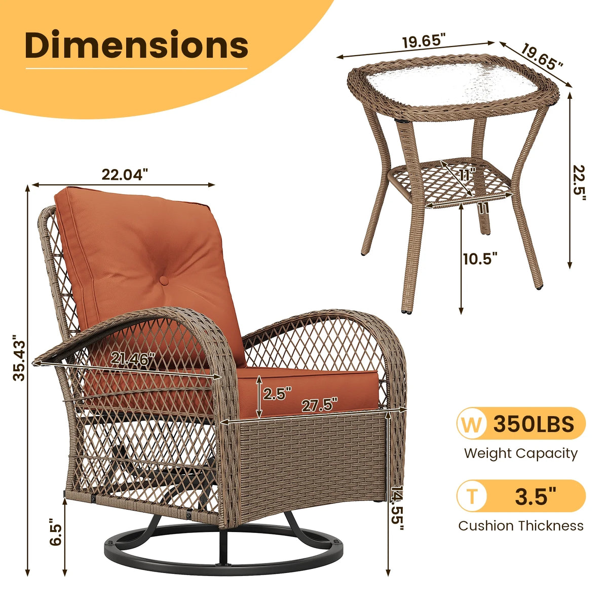 ELPOSUN 3 Pieces Patio Furniture Set, Outdoor Swivel Gliders Rocker, Wicker Patio Bistro Set with Rattan Rocking Chair, Glass Top Side Table and Thickened Cushions for Porch Deck Backyard