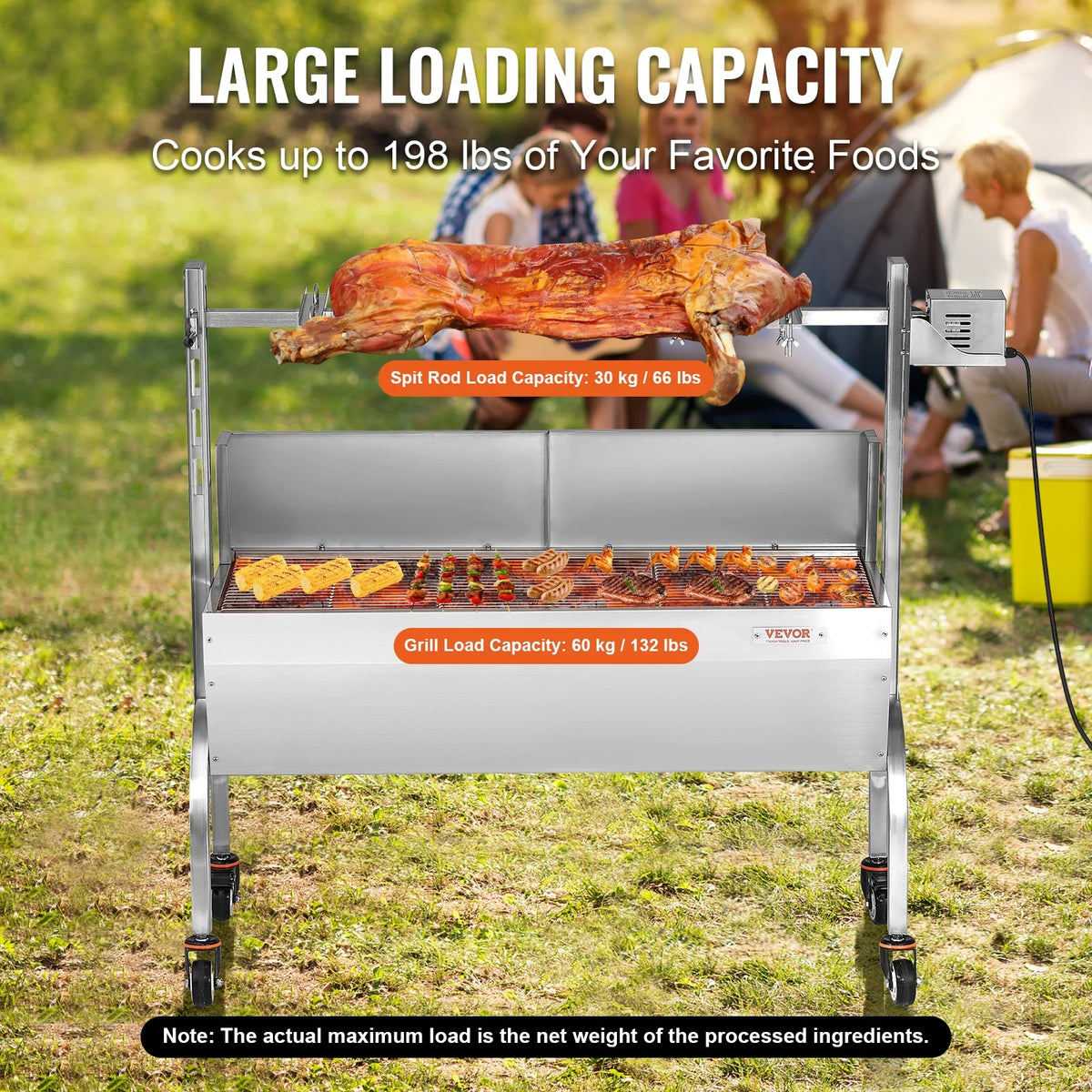 VEVOR Rotisserie Grill with Windscreen, BBQ Whole Pig Lamb Goat Charcoal Spit Grill, 46 Inch 132 Lbs Capacity, Electric 52W Motor Stainless Steel Roaster with Lockable Wheels, for Camping Outdoor