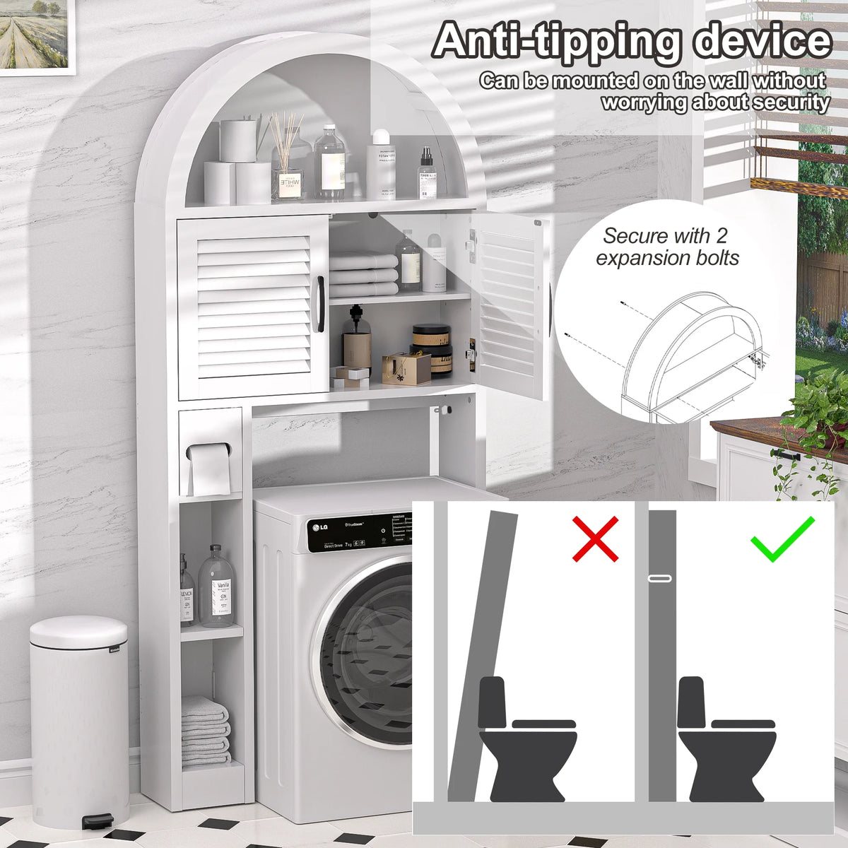 HARIPUL Over The Toilet Storage Cabinet w/ Unique Wood Grain & Arc Design, Freestanding Bathroom Shelf Organizer Space Saver w/ Doors & Anti-Tip Device, Wood Color