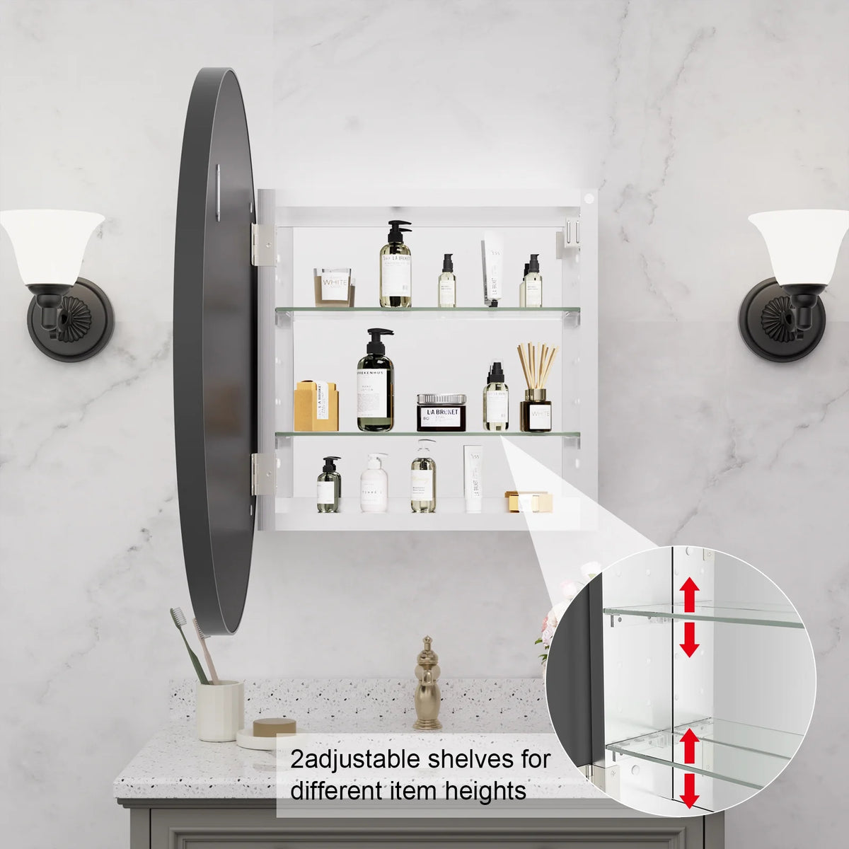 WallBeyond Bathroom Medicine Cabinet with Round Mirror Aluminum Framed 24", Gold