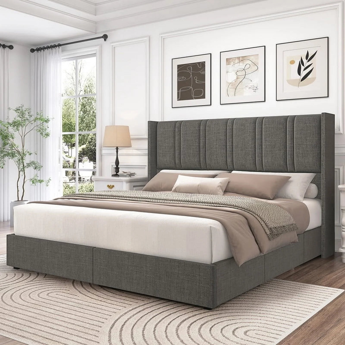 LARMACE King Size Upholstered Bed Frame with 4 Storage Drawers and Vertical Channel Tufted Headboard Linen Platform Bed Frame Wingback Beds with Wooden Slats Support, Beige