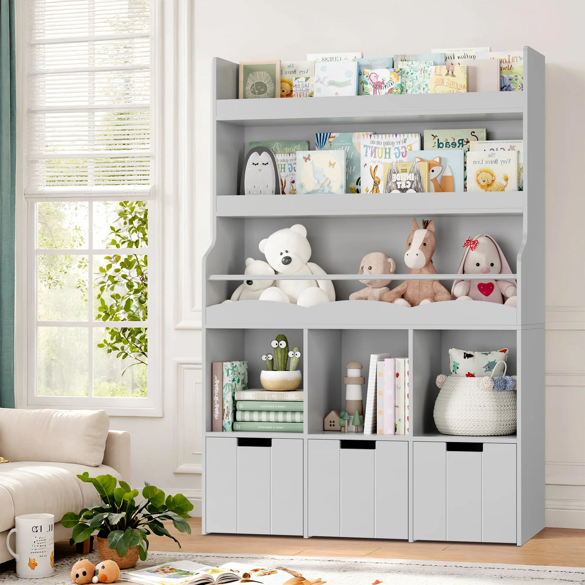 Homfa 55.5�� H Kids Bookshelf with 2-Tier Book Shelves, Children Toy Organizer with 3 Cubes and Removable Drawers, White