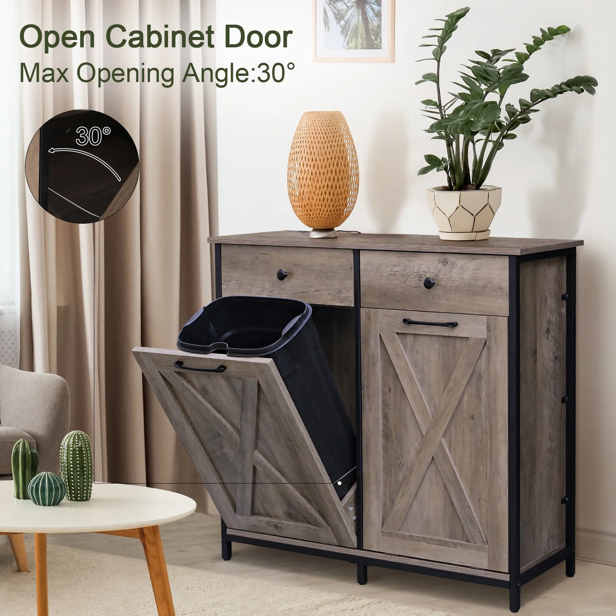 Pirecart 20 Gallon Double Tilt Out Trash Cabinet Wood Hidden Storage Cabinet, Recycling Cabinet with 2 Drawers, Black