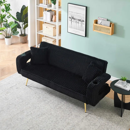 FFH Modern Corduroy Futon Sofa Bed with Adjustable Backrest,Convertible Loveseat Sleeper,Soft Couch with Drop-Down Table and Cup Holder for Living room,Pink
