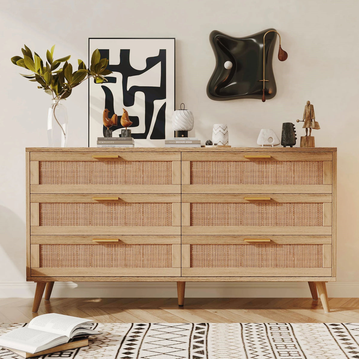 Rovaurx 6 Drawer Double Dresser Chest, Bedroom Chest of Dressers, Rattan Beside Table, Natural