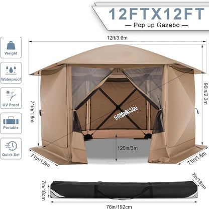 COBIZI 12'x12' Pop-up Gazebo Outdoor Camping Tent with 6 Sides Mosquito Netting, Waterproof, UV Resistant, Portable Screen House Room, Easy Set-up Party Tent with Carry bag, Ground Spike, Brown