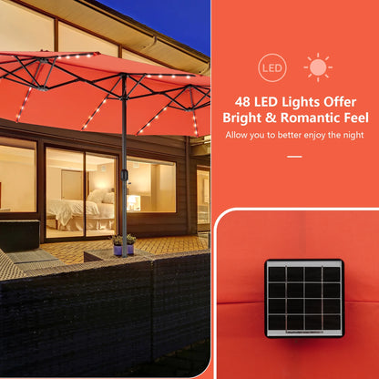 Costway 15FT Twin Patio Double-Sided Umbrella 48 Solar LED Lights Crank Outdoor Beige