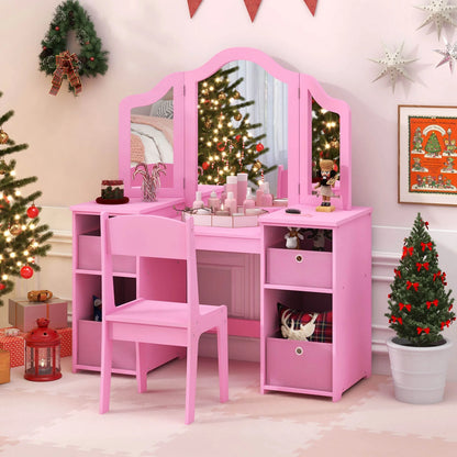 Infans Kids Vanity Table & Chair Set 2-in-1 Princess Pretend Play Makeup Vanity Set