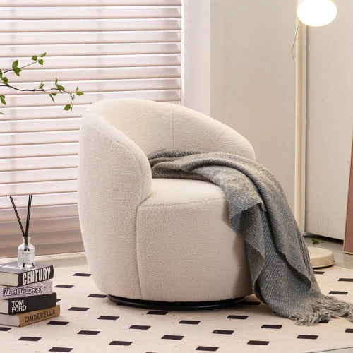 Swivel Chair, Round Accent Sofa Chair, Teddy Fabric Swivel Accent Armchair, Modern Leisure Arm Chair for Living Room, Hotel, Bedroom, Office, Ivory
