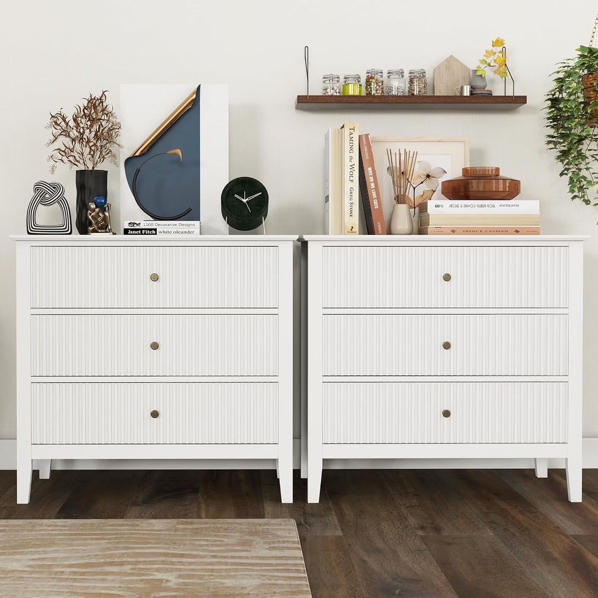 May Color Large White 3 Drawer Dresser Set of 2 with Fluted Panel, Modern Chest of Drawers with Silent Slide Drawers, Wood Accent Nightstand with Storage for Bedroom Living Room, Hallway