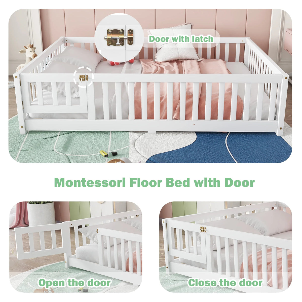 Bellemave Full Size Floor Bed with Door and Fence Floor Bed with Bed Slats Sturdy Wood Floor Bed Montessori Bed Frame (Full, Pink)