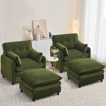 Aemeios Upholstered Chenille OversizedAccent Armchairs with Ottoman and Side Pocket, Cream