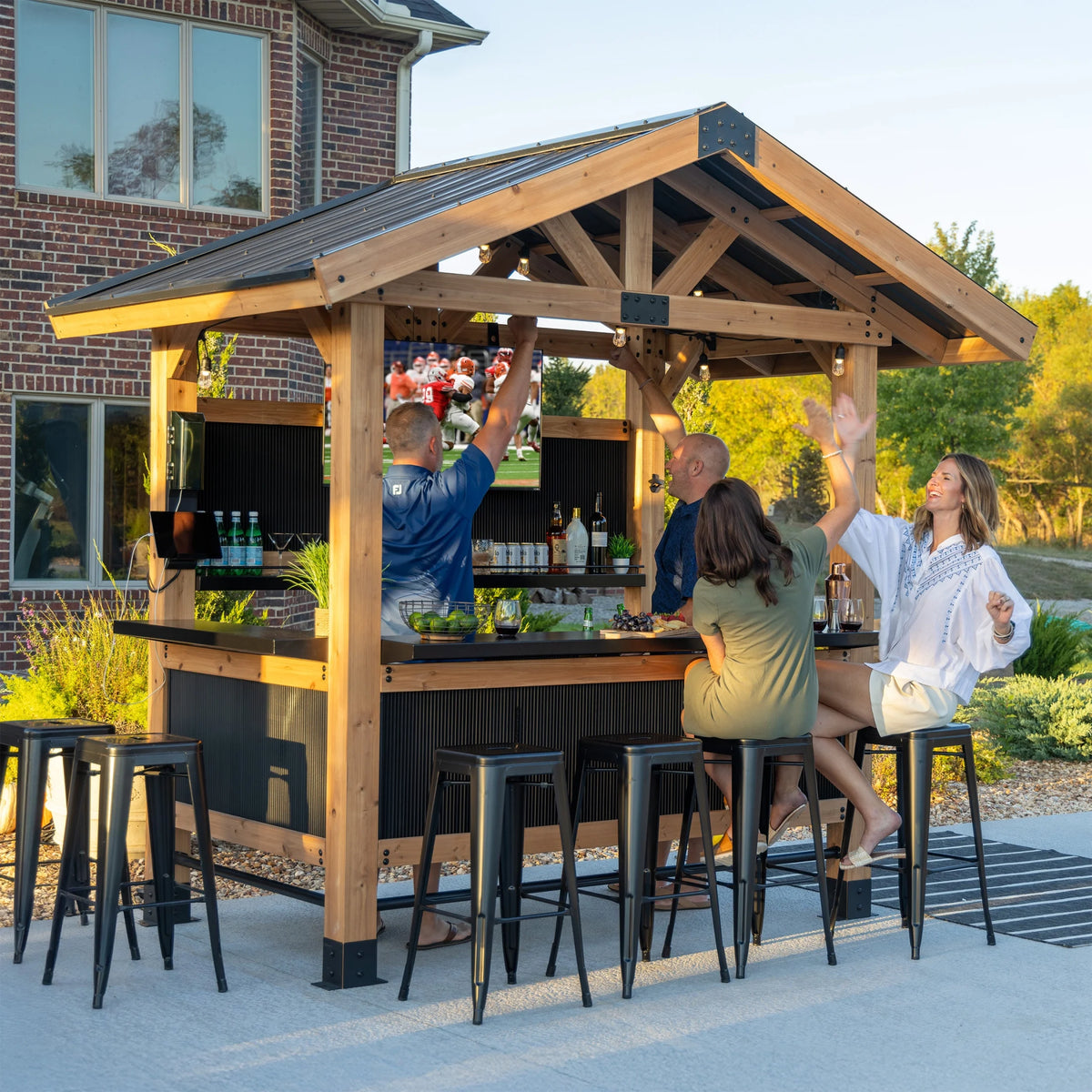 Backyard Discovery Palisade 9'x6' Cedar Wood Outdoor Bar, Galvanized Steel Roof, Bar Tops