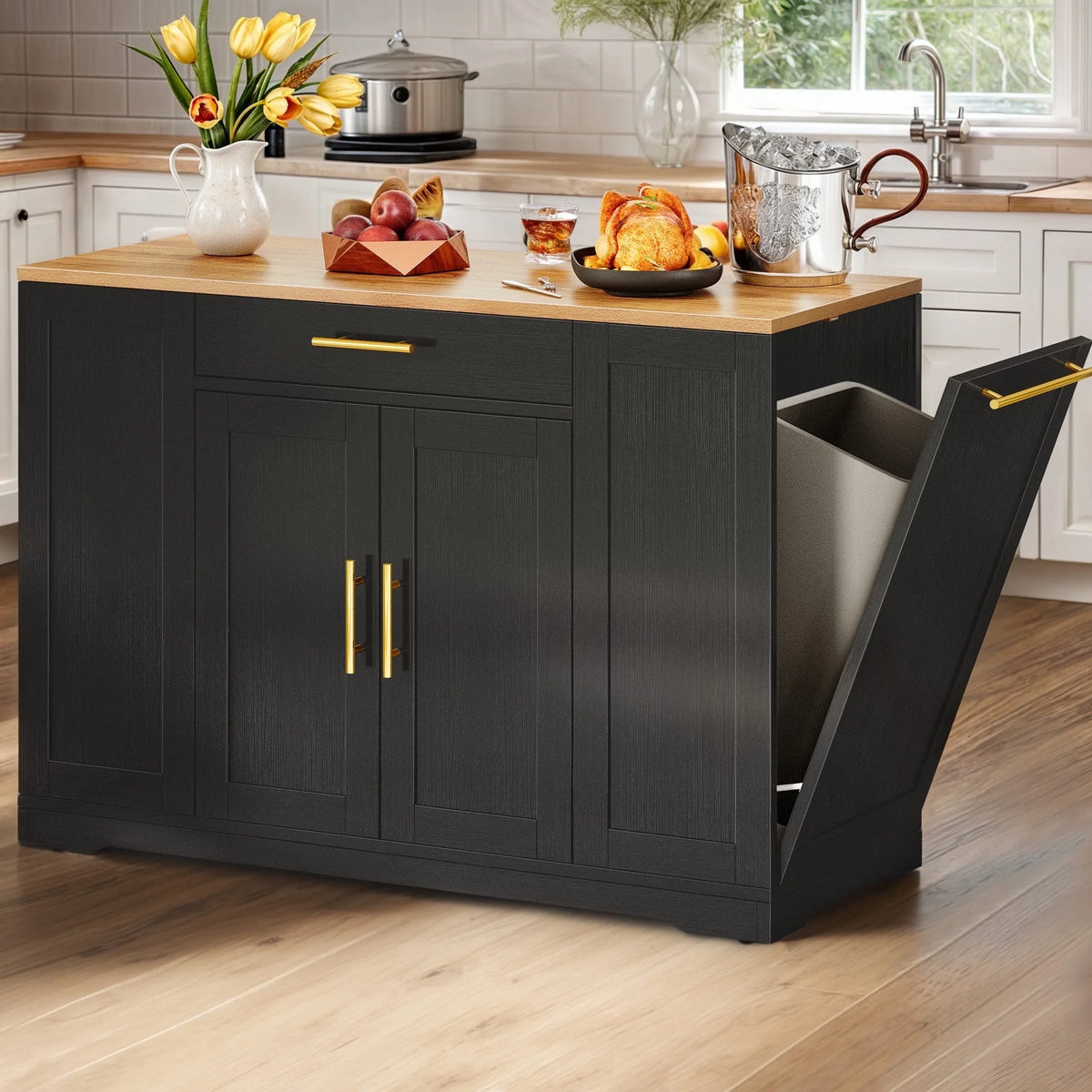 DWVO Kitchen Storage Cart with Trash Can Storage Cabinet, Rolling Kitchen Island with Wheels and Drawers for 13-Gallon Trash Bin, Gray