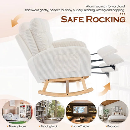 FFH Rocking Chair Nursery, Tufted Accent Rocker Chair, Upholstered Armchair with Adjustable Footrest, Side Pocket, High Backrest, Padded Seat, Polyester Blend (Retro, Dark Gray)