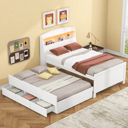 Euroco Wood Twin Size Platform Bed with Storage Headboard, Drawers Trundle and LED Light, White
