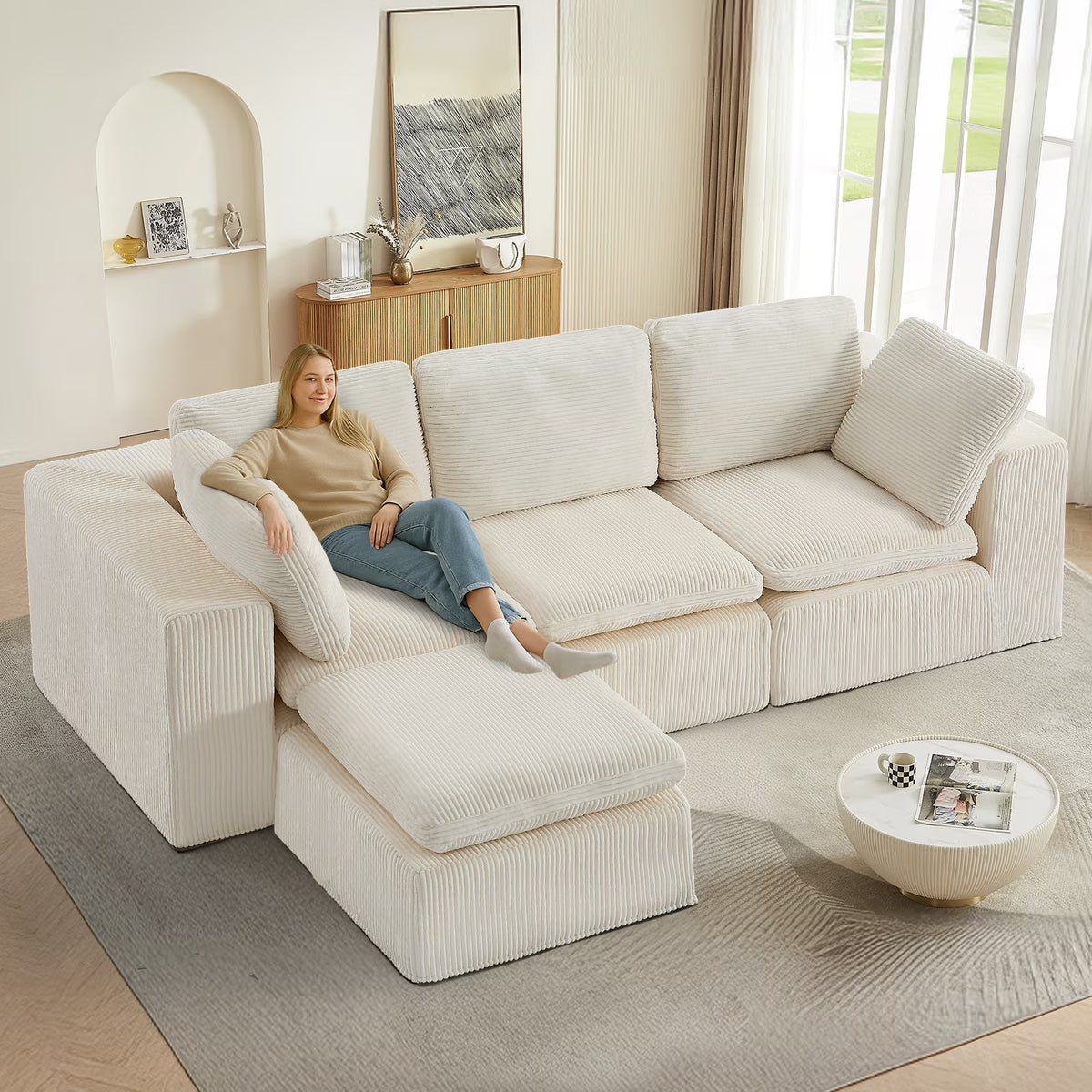 Cloud Sectional Couches for Living Room, Modular L-Shaped Sofa with Ottoman, Corduroy Sleeper Sofa Bed, No Assembly Compression Memory Foam Couch,White
