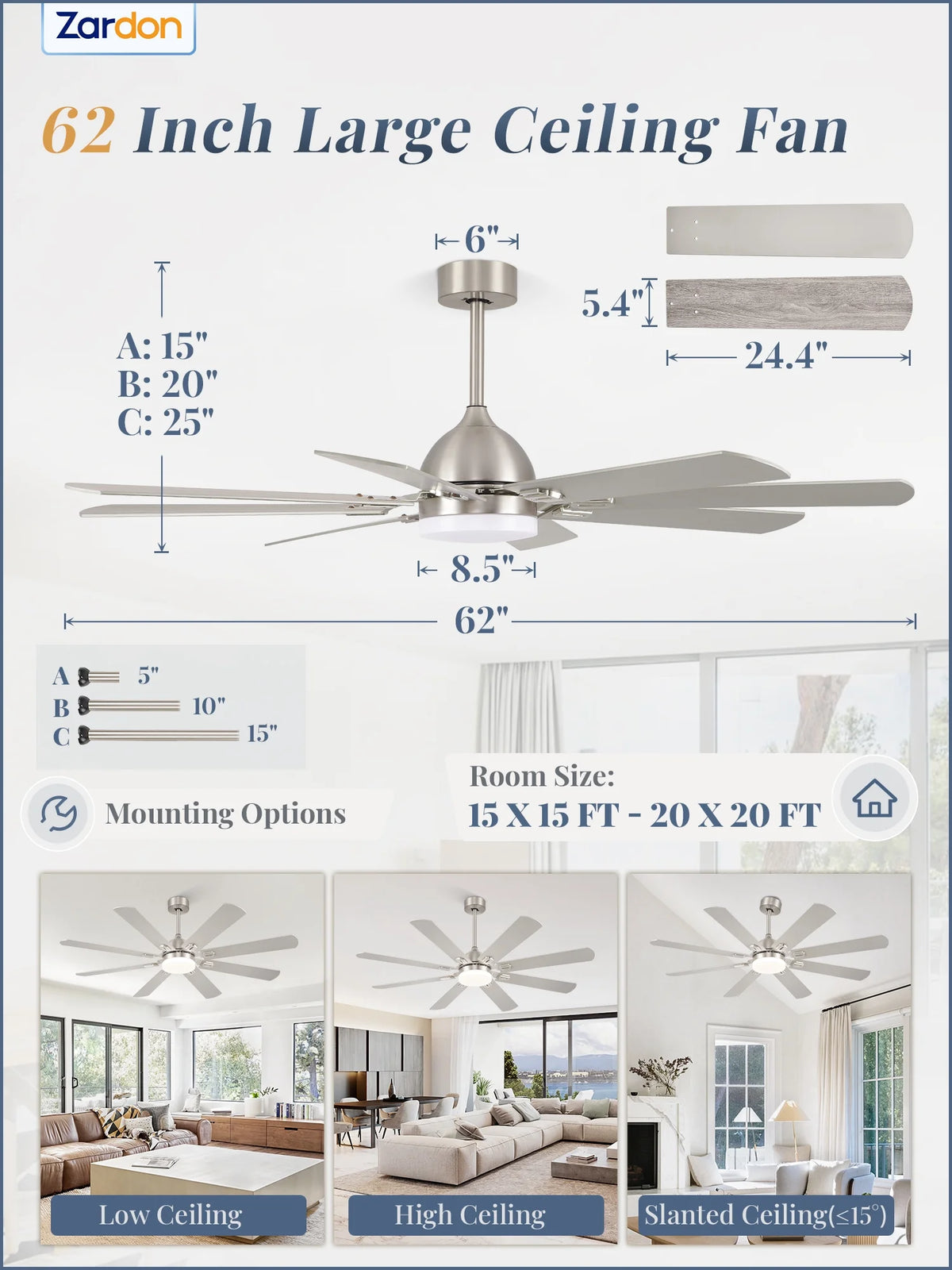 Zardon 62" Black Modern Ceiling Fan with Light and Remote Control, Reversible Quiet DC Motor, Bright LED Light, 6-Speed, Timer for Bedroom, Living Room