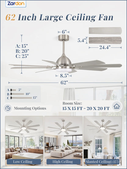 Zardon 62" Black Modern Ceiling Fan with Light and Remote Control, Reversible Quiet DC Motor, Bright LED Light, 6-Speed, Timer for Bedroom, Living Room