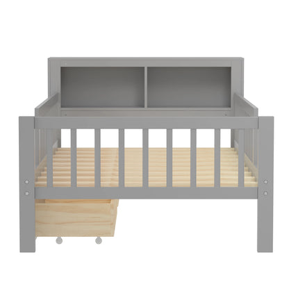 Euroco Wood Twin Size Platform Bed with Storage Headboard and Drawers, Low Profile Bed with Guardrails for Kids and Toddlers, White