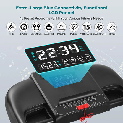 Treadmill with Auto Incline Bluetooth Voice Control  17 in Wide Electric Treadmill Folding Machine 15 Level  Auto 8.8 mhp Speed for Home Use Gifts