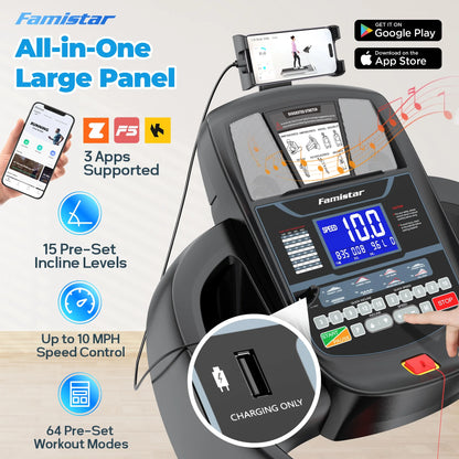 Treadmill 300 LB Capacity for Home with Incline, Folding Electric Running Walking Treadmill, Portable Treadmill for Home Use, 7.5 MPH, Smart Apps, 64+7 Programs, Bluetooth Speakers