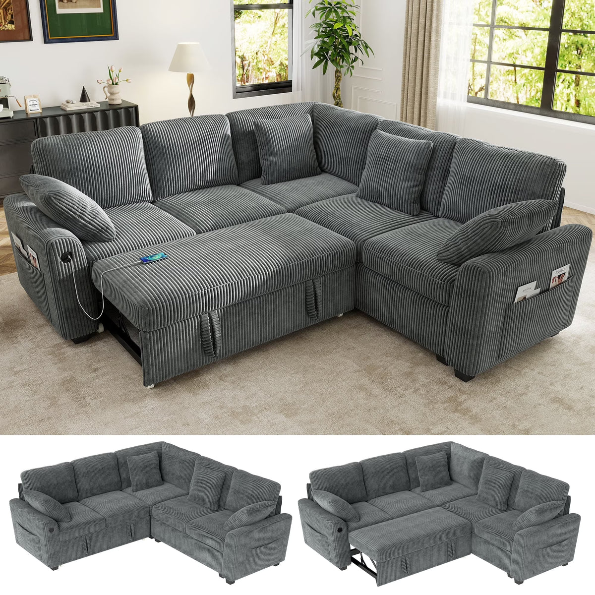 BedLuxury 83" Sectional Sleeper Sofa with Pull Out Bed, L Shaped Couch with Storage Seat for Living Room, Gray